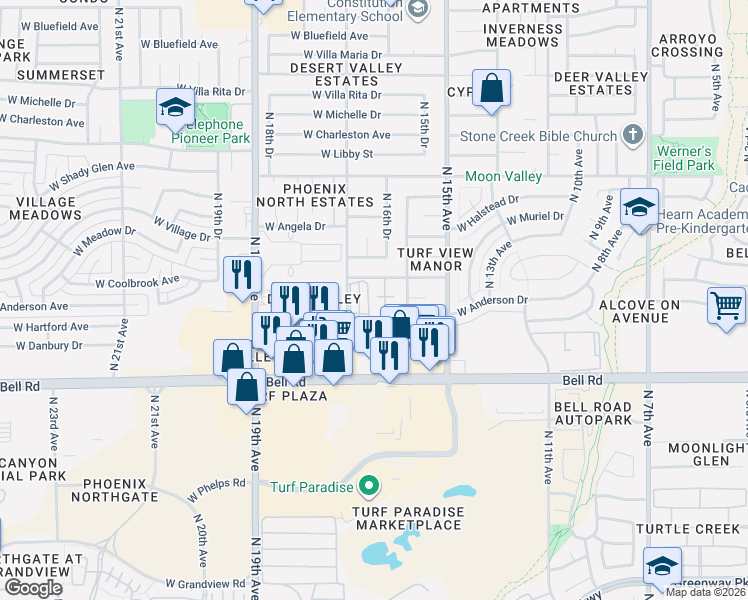 map of restaurants, bars, coffee shops, grocery stores, and more near 17217 North 17th Avenue in Phoenix