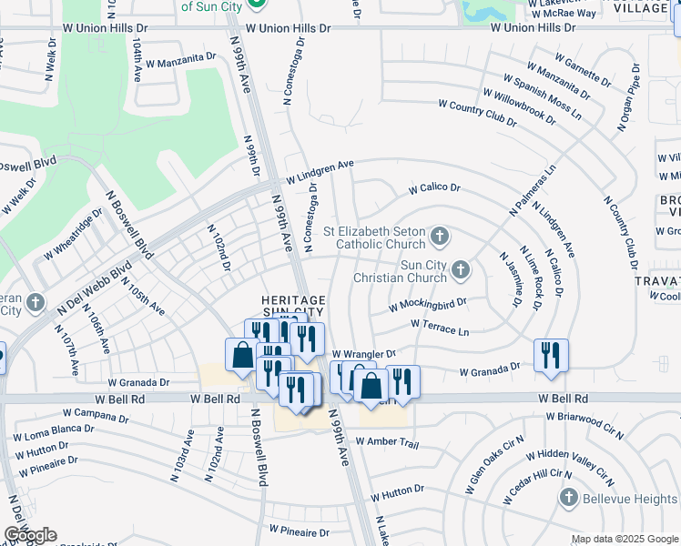 map of restaurants, bars, coffee shops, grocery stores, and more near 17435 North Foothills Drive in Sun City