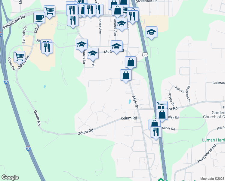 map of restaurants, bars, coffee shops, grocery stores, and more near 4245 Lochshire Lane in Gardendale