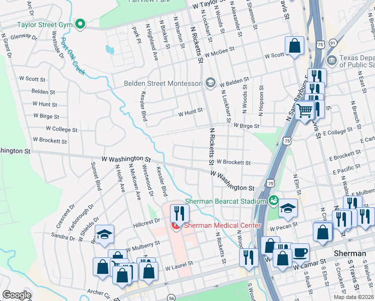 map of restaurants, bars, coffee shops, grocery stores, and more near 1103 West College Street in Sherman