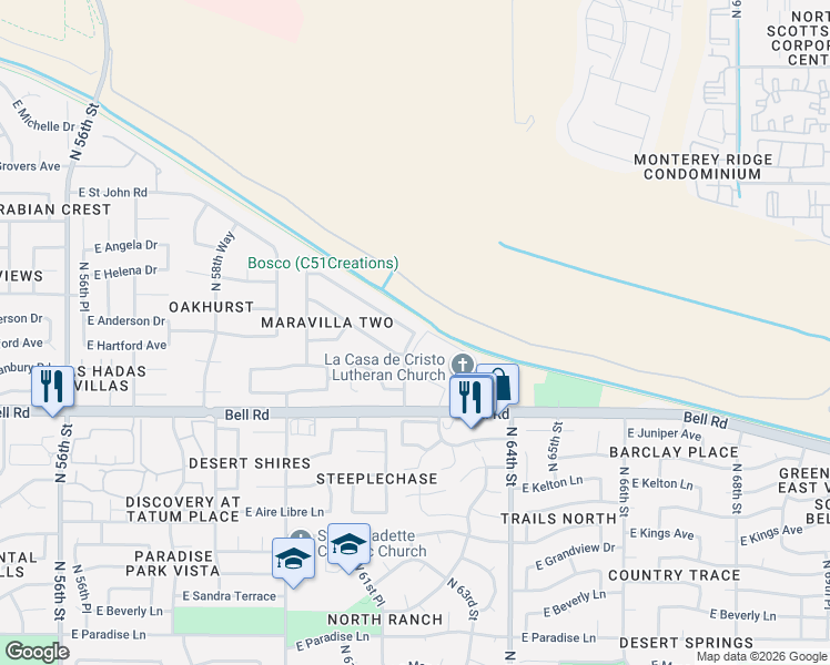 map of restaurants, bars, coffee shops, grocery stores, and more near 6154 East Campo Bello Drive in Scottsdale