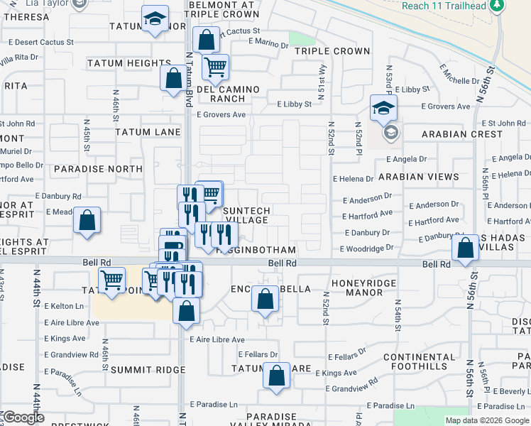 map of restaurants, bars, coffee shops, grocery stores, and more near Gallop Way in Scottsdale