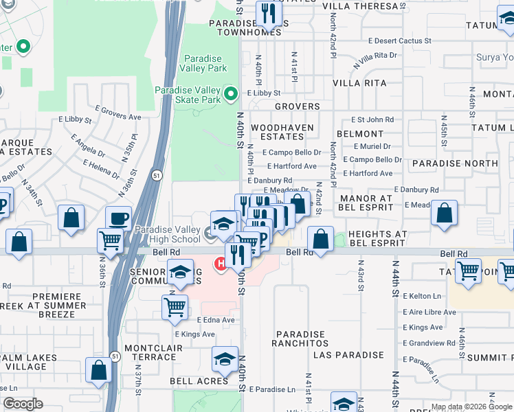 map of restaurants, bars, coffee shops, grocery stores, and more near 4044 East Coolbrook Avenue in Phoenix