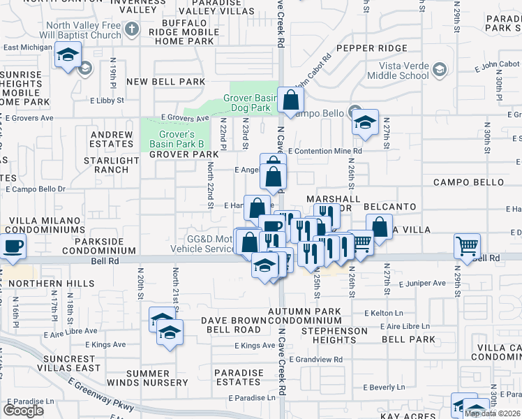 map of restaurants, bars, coffee shops, grocery stores, and more near 17230 North Cave Creek Road in Phoenix