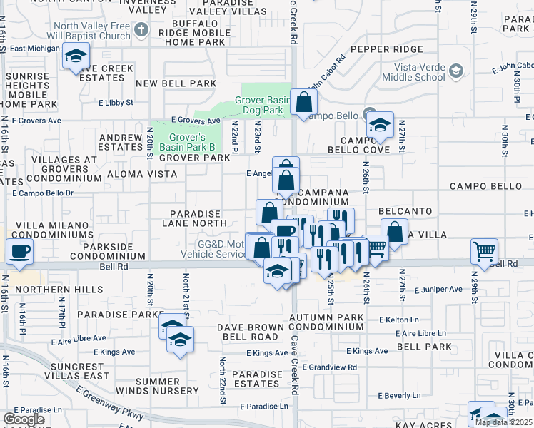 map of restaurants, bars, coffee shops, grocery stores, and more near 17230 North Cave Creek Road in Phoenix