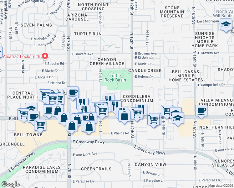 map of restaurants, bars, coffee shops, grocery stores, and more near 17371 North 10th Avenue in Phoenix