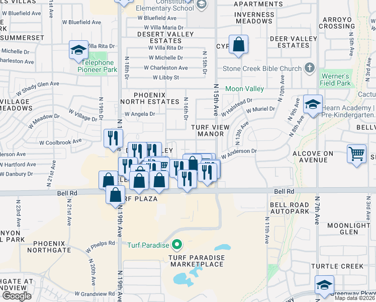 map of restaurants, bars, coffee shops, grocery stores, and more near 17248 North 16th Avenue in Phoenix