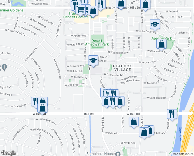 map of restaurants, bars, coffee shops, grocery stores, and more near 17667 North 91st Drive in Peoria