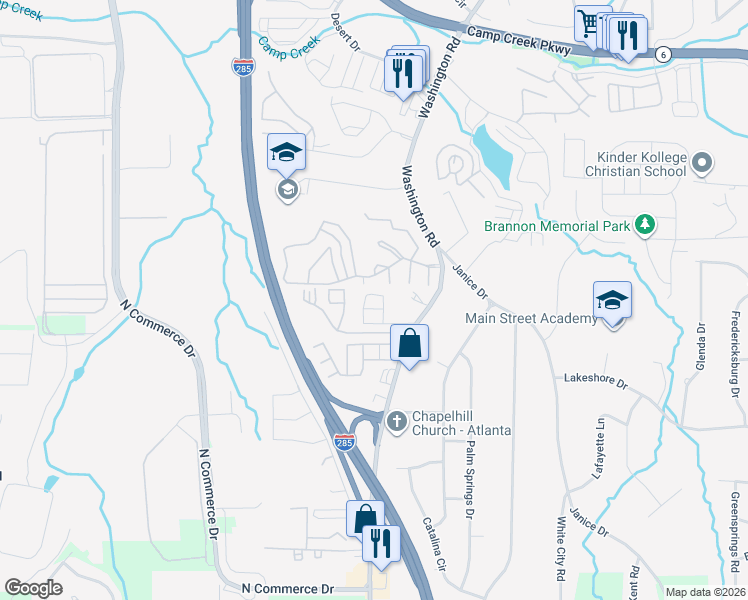 map of restaurants, bars, coffee shops, grocery stores, and more near 1412 Canopy drive in East Point