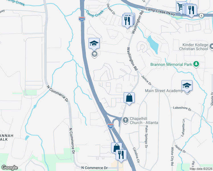 map of restaurants, bars, coffee shops, grocery stores, and more near 4068 Carriage House Court Southwest in East Point