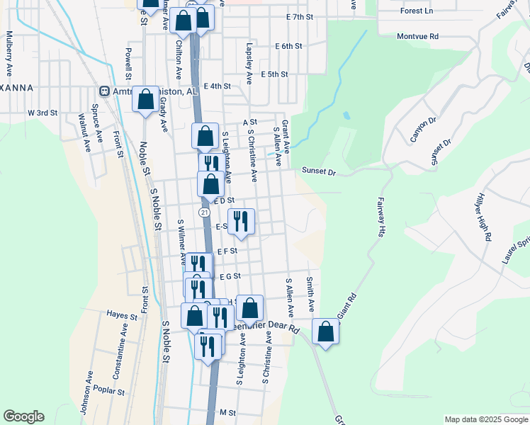 map of restaurants, bars, coffee shops, grocery stores, and more near 410 East D Street in Anniston