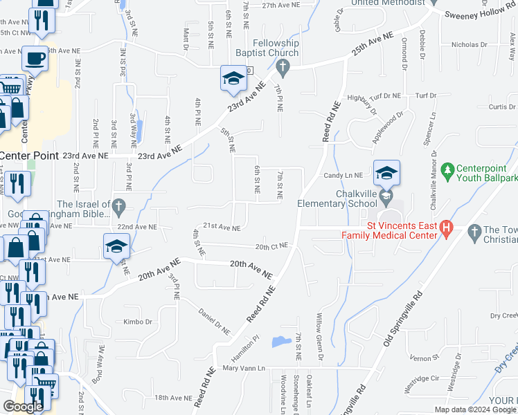 map of restaurants, bars, coffee shops, grocery stores, and more near 601 Woodland Court Northeast in Center Point