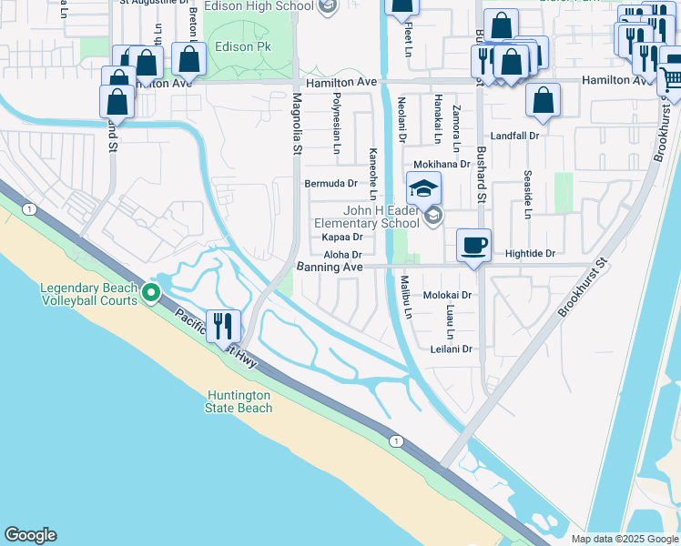 map of restaurants, bars, coffee shops, grocery stores, and more near 9112 Playa Drive in Huntington Beach