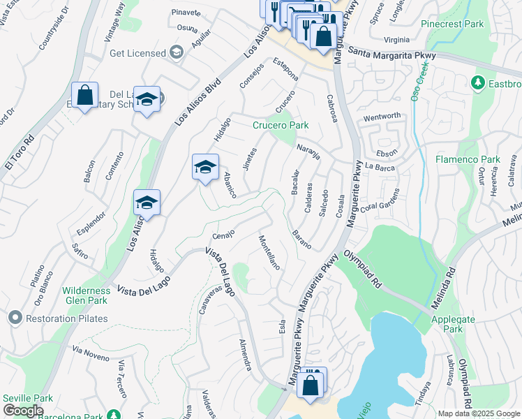 map of restaurants, bars, coffee shops, grocery stores, and more near 27591 Cenajo in Mission Viejo