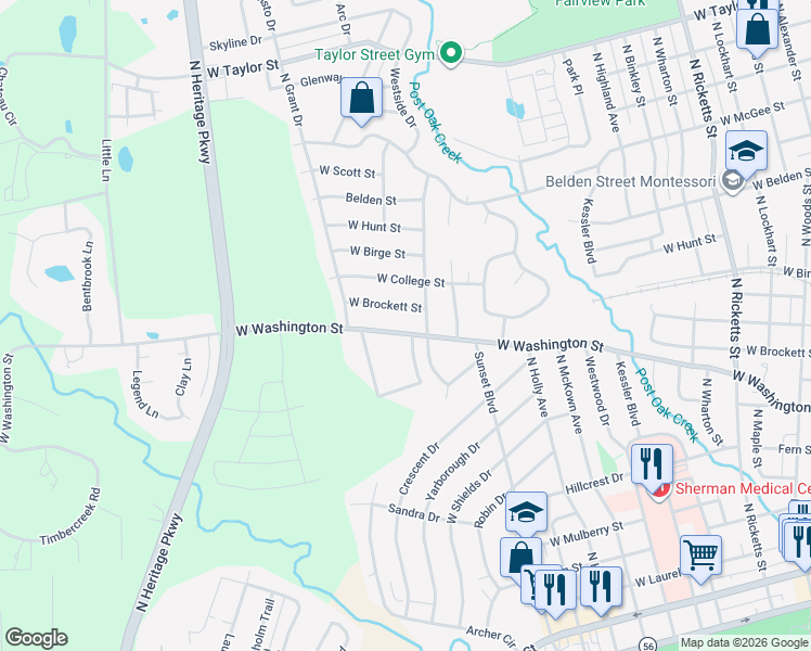 map of restaurants, bars, coffee shops, grocery stores, and more near 1712 West Brockett Street in Sherman