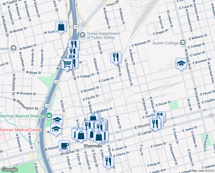 map of restaurants, bars, coffee shops, grocery stores, and more near 701 North East Street in Sherman