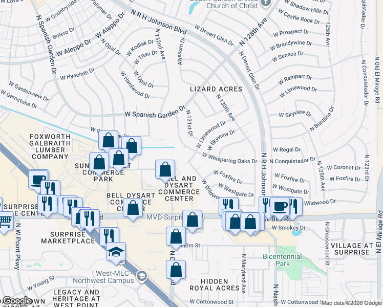 map of restaurants, bars, coffee shops, grocery stores, and more near 13102 West Limewood Drive in Sun City West