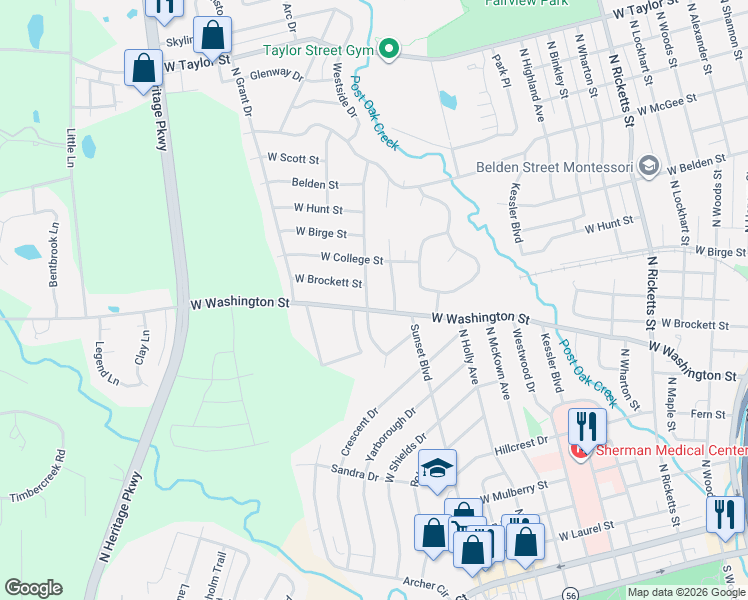 map of restaurants, bars, coffee shops, grocery stores, and more near 1700 West Brockett Street in Sherman