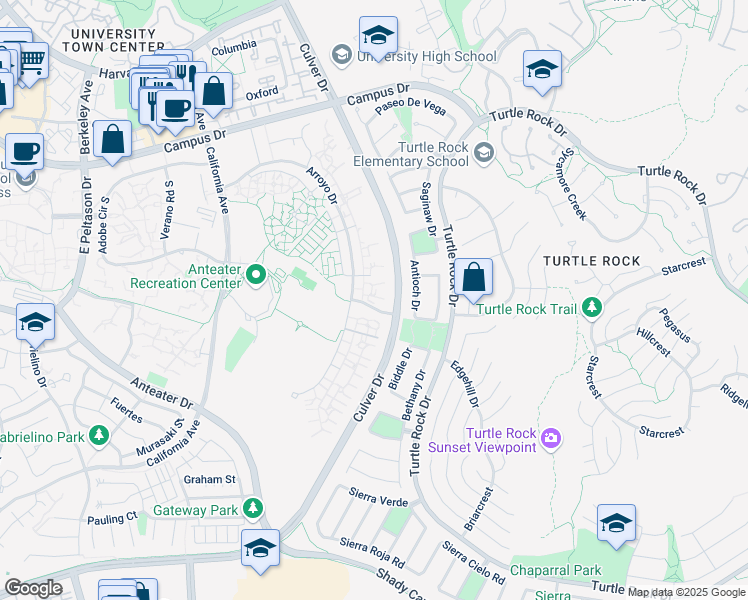 map of restaurants, bars, coffee shops, grocery stores, and more near 410 Vista Del Campo Road in Irvine