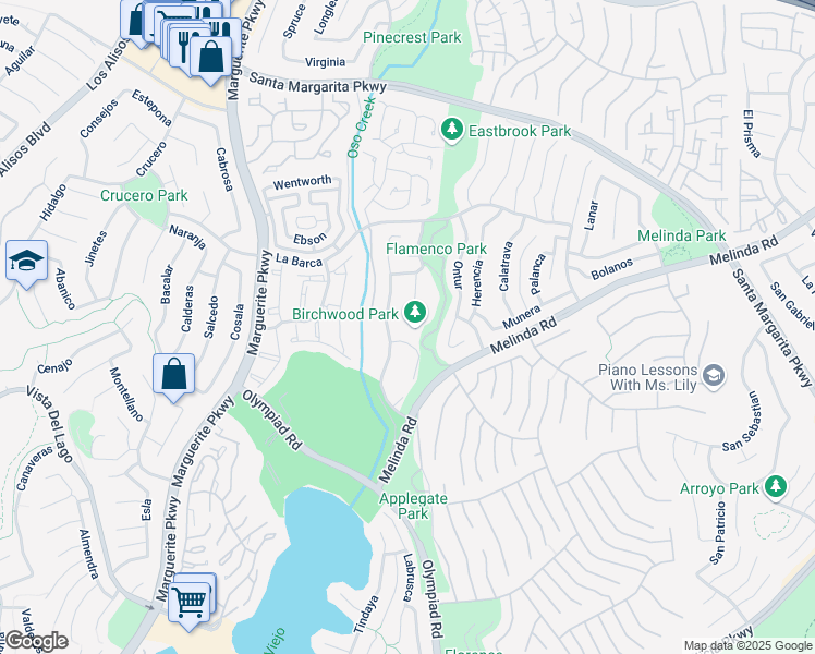 map of restaurants, bars, coffee shops, grocery stores, and more near 21981 Birchwood in Mission Viejo