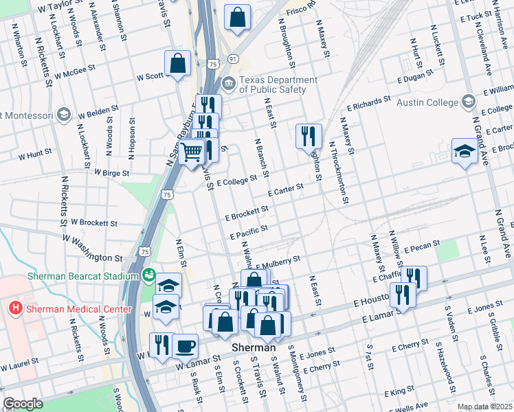 map of restaurants, bars, coffee shops, grocery stores, and more near 715 North Montgomery Street in Sherman