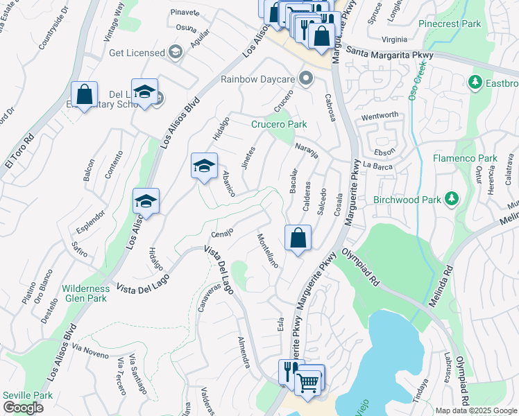 map of restaurants, bars, coffee shops, grocery stores, and more near 27591 Cenajo in Mission Viejo