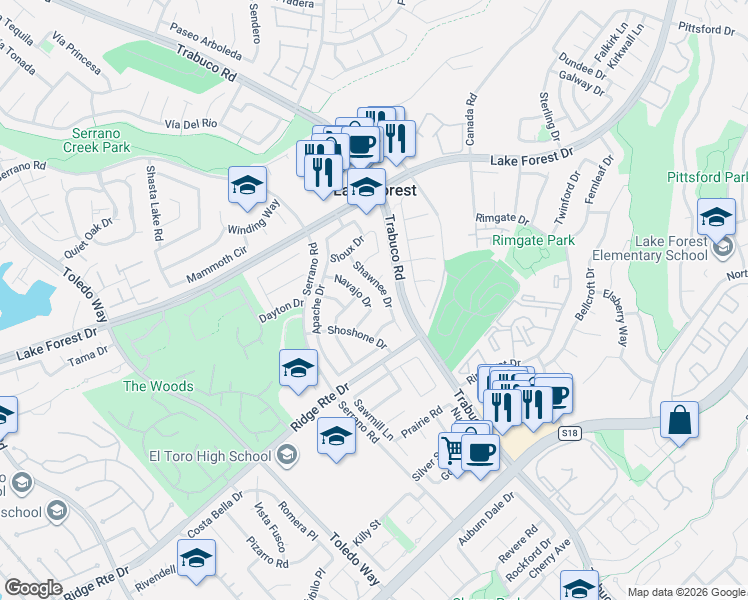 map of restaurants, bars, coffee shops, grocery stores, and more near 25461 Shawnee Drive in Lake Forest