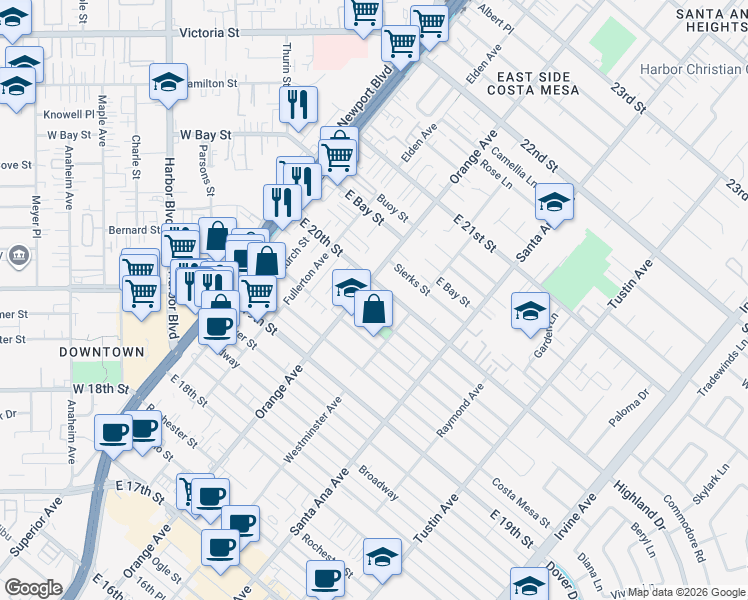 map of restaurants, bars, coffee shops, grocery stores, and more near 1984 Orange Avenue in Costa Mesa