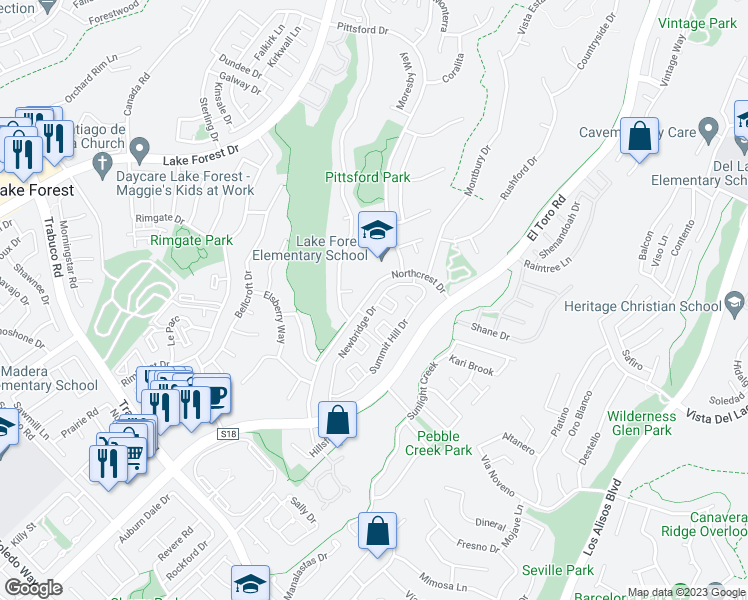 map of restaurants, bars, coffee shops, grocery stores, and more near 22051 Newbridge Drive in Lake Forest