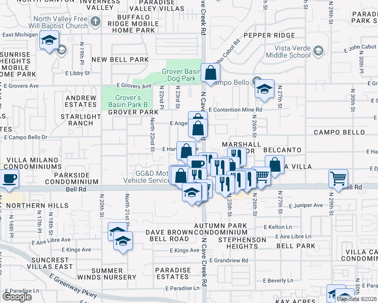 map of restaurants, bars, coffee shops, grocery stores, and more near 17230 North Cave Creek Road in Phoenix