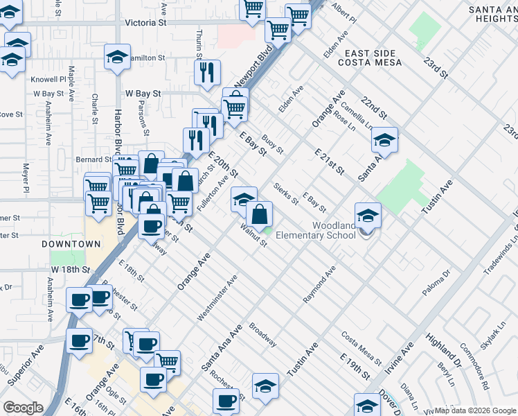 map of restaurants, bars, coffee shops, grocery stores, and more near 1984 Orange Avenue in Costa Mesa