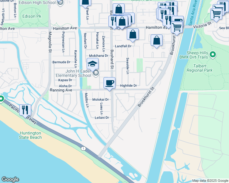 map of restaurants, bars, coffee shops, grocery stores, and more near 9511 Port Clyde Drive in Huntington Beach