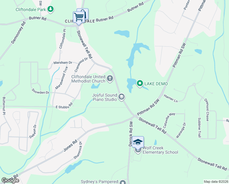 map of restaurants, bars, coffee shops, grocery stores, and more near 4125 Stonewall Tell Road in Atlanta
