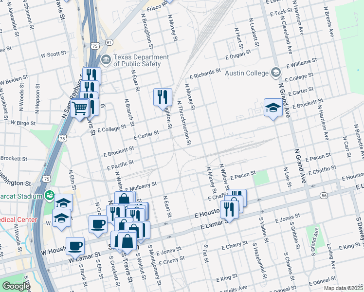 map of restaurants, bars, coffee shops, grocery stores, and more near 619 East Pacific Street in Sherman