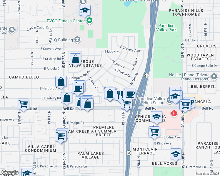 map of restaurants, bars, coffee shops, grocery stores, and more near 3510 East Hartford Avenue in Phoenix