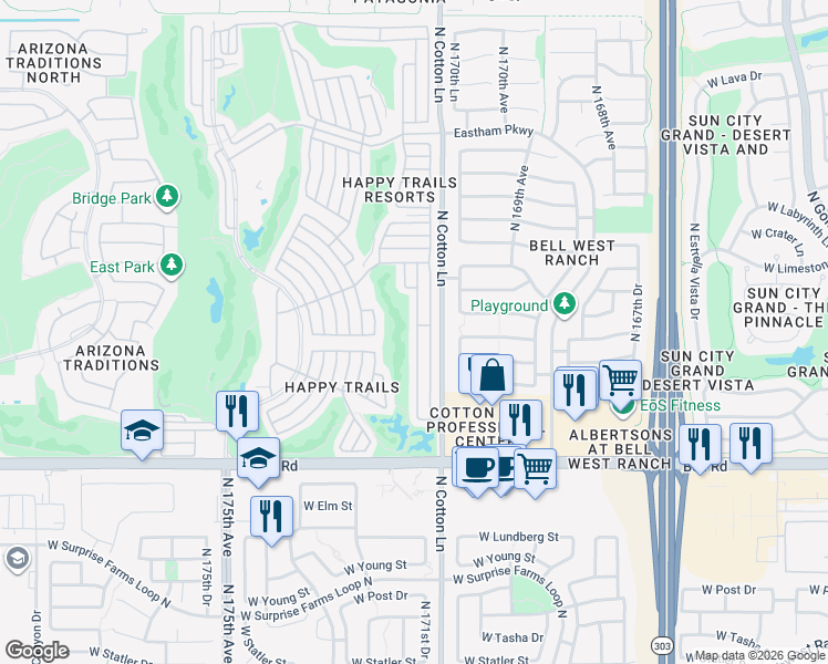 map of restaurants, bars, coffee shops, grocery stores, and more near 1083 North Buckthorn in Surprise