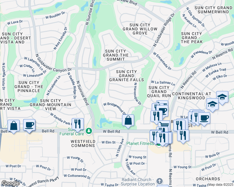 map of restaurants, bars, coffee shops, grocery stores, and more near 15810 West Goldenrod Drive in Surprise