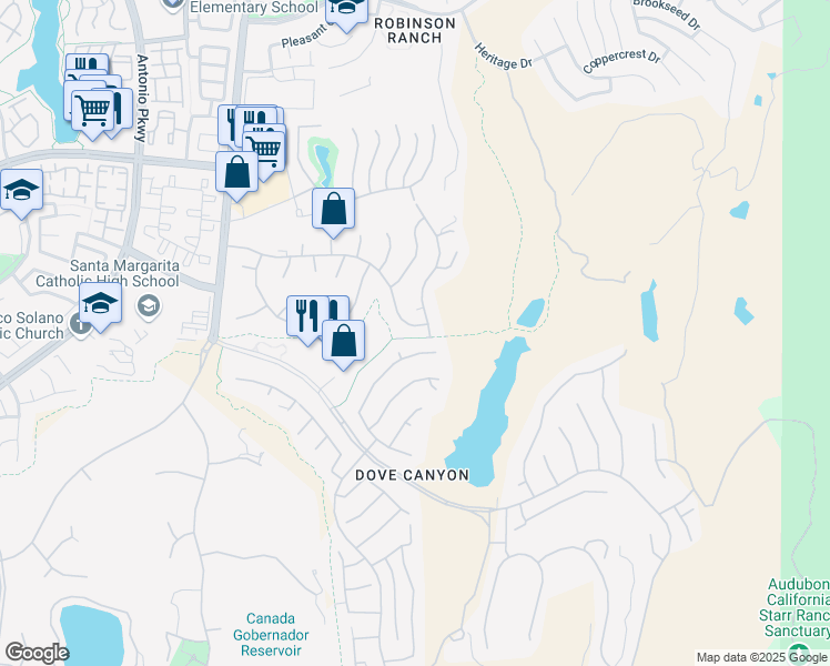 map of restaurants, bars, coffee shops, grocery stores, and more near 32182 Rancho Cielo in Trabuco Canyon
