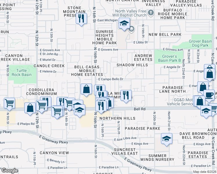 map of restaurants, bars, coffee shops, grocery stores, and more near 17235 North 16th Place in Phoenix