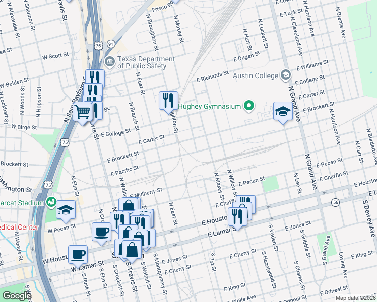 map of restaurants, bars, coffee shops, grocery stores, and more near 703 East Pacific Street in Sherman