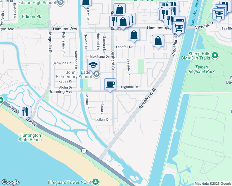 map of restaurants, bars, coffee shops, grocery stores, and more near 9511 Port Clyde Drive in Huntington Beach