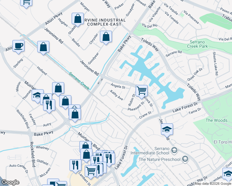 map of restaurants, bars, coffee shops, grocery stores, and more near 21992 Hoi Circle in Lake Forest