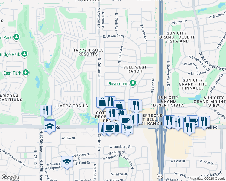 map of restaurants, bars, coffee shops, grocery stores, and more near 17029 West Bradford Way in Surprise