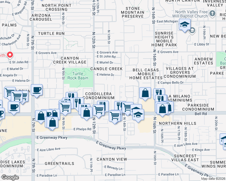 map of restaurants, bars, coffee shops, grocery stores, and more near 1802 East Campo Bello Drive in Phoenix