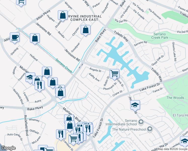 map of restaurants, bars, coffee shops, grocery stores, and more near 21992 Hoi Circle in Lake Forest