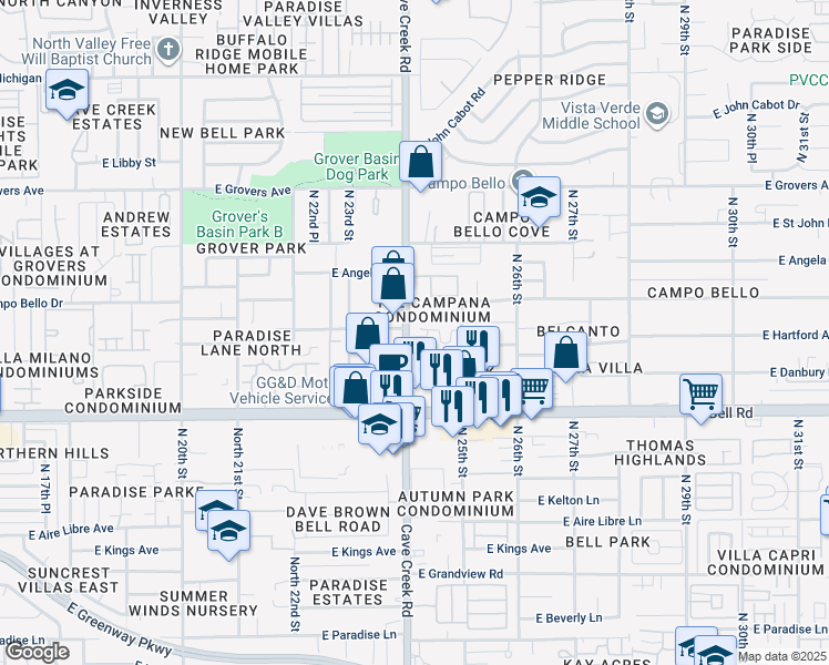 map of restaurants, bars, coffee shops, grocery stores, and more near 17365 Cave Creek Road in Phoenix
