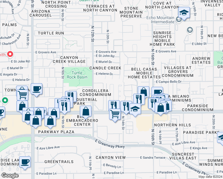 map of restaurants, bars, coffee shops, grocery stores, and more near 1802 East Campo Bello Drive in Phoenix