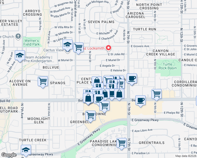 map of restaurants, bars, coffee shops, grocery stores, and more near 217 East Campo Bello Drive in Phoenix