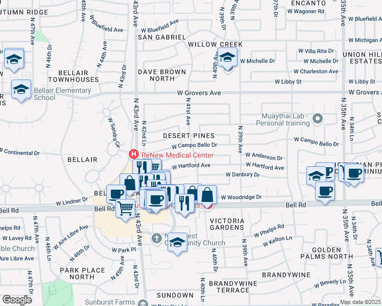 map of restaurants, bars, coffee shops, grocery stores, and more near 4107 West Campo Bello Drive in Glendale