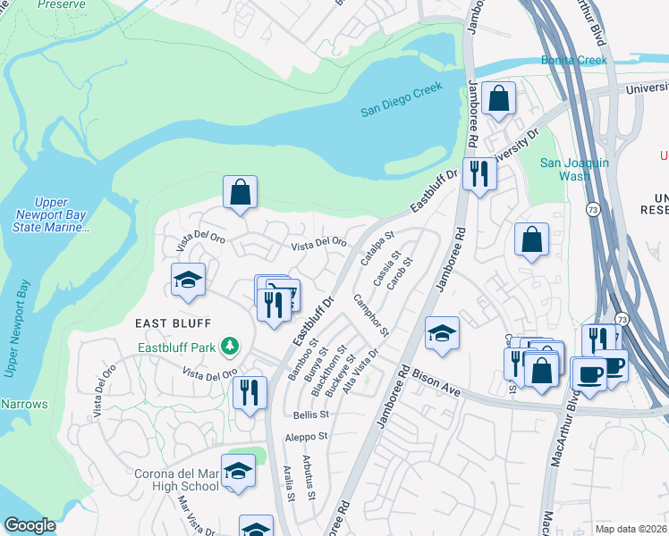 map of restaurants, bars, coffee shops, grocery stores, and more near 521 Cancha in Newport Beach